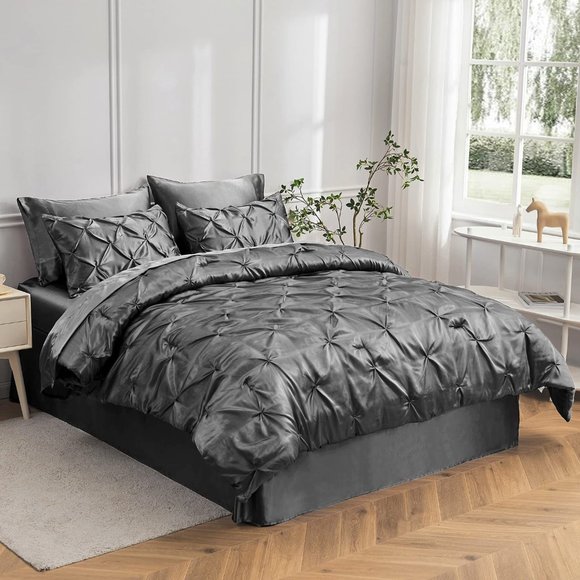 New Satin Comforter King 8 Pieces - Luxurious Pinch Pleat Bedding Set wi… - Picture 1 of 9
